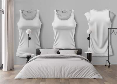 White tank top template without design on a gray background. vector file with front, back, and side views Wall mural