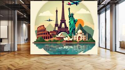 World Tourism Day with famous landmarks and iconic monuments around the world. World tourism day concept. Wall mural