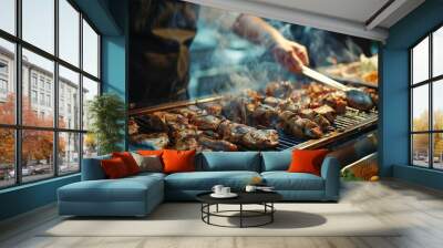 Group of people on catering buffet food indoor in restaurant with grilled meat. Buffet service for any festive event, party or wedding reception Wall mural