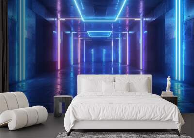 3d render, abstract neon background, space tunnel turning to left, ultra violet rays, glowing lines, virtual reality jump, speed of light, space and time strings, highway night lights Wall mural