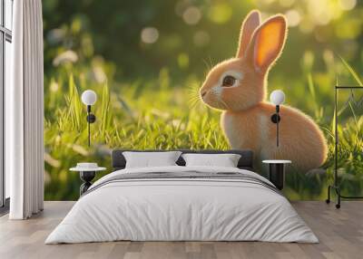 A cute little bunny is sitting in a field of green grass Wall mural