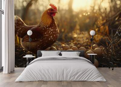 Golden sunlight bathes a hen standing proud by a collection of fresh brown eggs on a straw-covered barn floor Wall mural