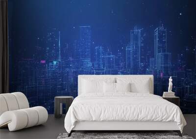 Nighttime view of a technologically advanced city with sleek, illuminated skyscrapers. Premium background for the latest technology needs. Wall mural