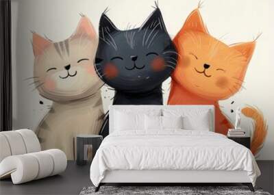 3 super cute cartoon cats sitting next to each other with a little space in between with a white background, copy space with generatife ai Wall mural