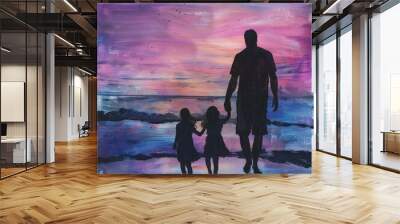 Beachside Twilight Silhouettes Drawing Piece: A vibrant, pastel-colored backdrop of a twilight sky over the ocean, blending lavender, pink, wiht generatife ai Wall mural