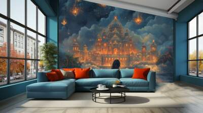 A festive greeting card design celebrating Diwali, the Hindu festival of lights. Wall mural