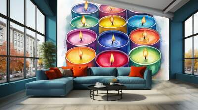 A set of colorful Diwali candles, painted with watercolors, perfect for the Festival of Lights. Wall mural