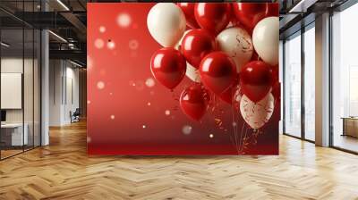 Celebration party banner background with red, gold balloons, carnival, festival or birthday balloon red background, red celebration background template Wall mural