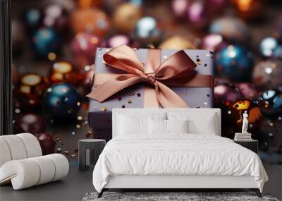 Happy Holidays composition. Celebration greeting background with gift boxes, sparkles, confetti. Flat lay. Top view. cover for social networks, shopping mockup. Wall mural