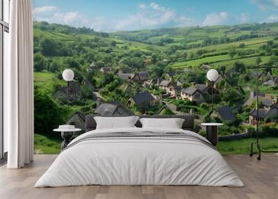 /imagine: A peaceful village nestled in a green valley, with quaint cottages and stone houses surrounded by lush farmland and rolling hills  Wall mural