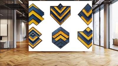 Industrial Geometric Metal Badge Set with Yellow and Blue Chevron Patterns Wall mural