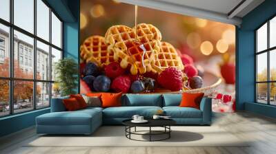 Levitating heart-shaped waffles dripping syrup beside bright fruits Wall mural