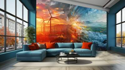 Future factory plant and energy industry devotion concept with sun background Wall mural