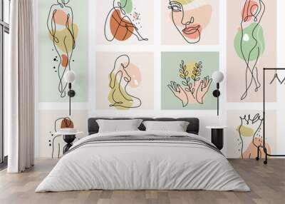 Abstract woman vector background set in continuous line art. Fashion cards with female faces, hands, postures, color texture shape elements in modern simple linear style. Beauty girl layout Wall mural