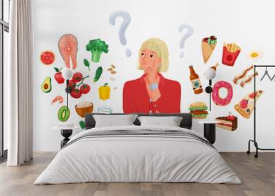 Choice between healthy and unhealthy food concept vector background. Happy young blond woman thinking about choosing menu. Difficult choosing. Flat illustration in cartoon style Wall mural