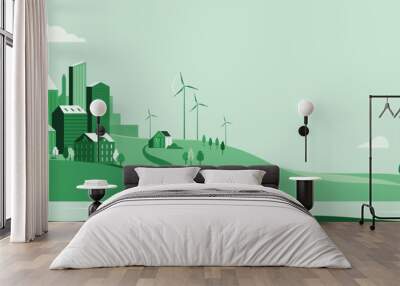 Eco city landscape vector background. Green simple minimal town with Wall mural