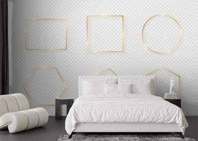 Golden border frame set with light shadow and light affects. Gold decoration in minimal style. Graphic metal foil element in geometric thin line rectangle shape Wall mural