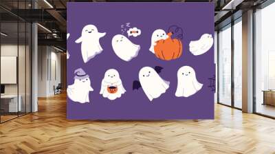 Halloween ghost set vector illustration. Cute funny happy spirits with Wall mural