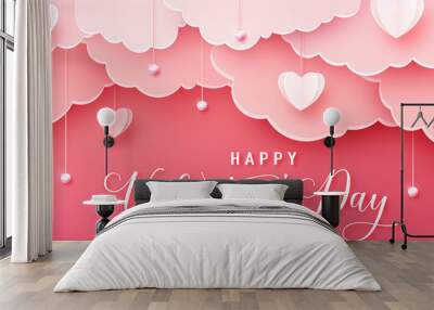 Happy valentines day greeting background in papercut realistic style. Paper hearts, clouds and pearls on string. Pink love banner party invitation template. Calligraphy words text sign on copy space Wall mural