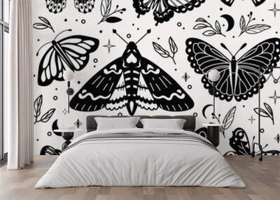 Mystic butterfly seamless pattern vector illustration. Magic moths Wall mural