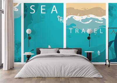 Sea waves, coastline top aerial view vector illustration set. Beach Wall mural