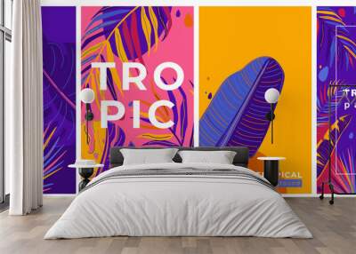 Tropic summer pattern vector set with jungle exotic leaves in simple minimal flat style. Abstract tropical cover design. Bright color Wall mural