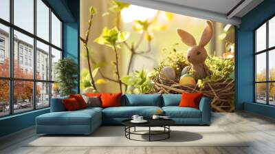 Easter decoration with crafted Easter bunny in the sunny nest Wall mural