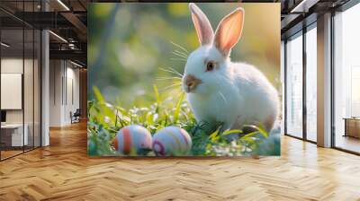 Easter Eggs in a flower field with white bunny Wall mural