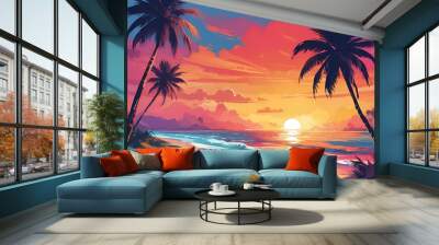 sunset over beach with palm tree silhouettes Wall mural