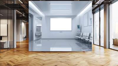 Front View of an Empty White Poster on the Wall in a Modern Hospital Waiting Room with Chairs and Medical Equipment Wall mural