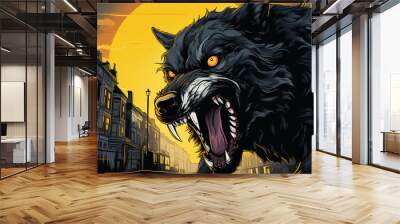 a black hellhound with big fangs and glowing yellow Wall mural