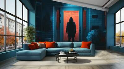 A burglar stands outside the front door of the house Wall mural