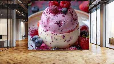 A close-up of a pink ice cream dessert with fresh raspberries and mint on a white plate Wall mural