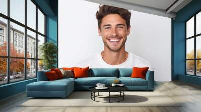 A professional portrait studio photo of a handsome young white american man model with perfect clean teeth laughing and smiling. isolated on white background Wall mural