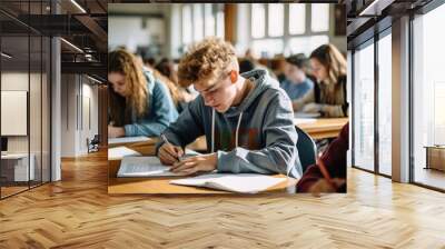 A university high school group of students studying in the classroom. writing and learning on the desk. having an exam test Wall mural