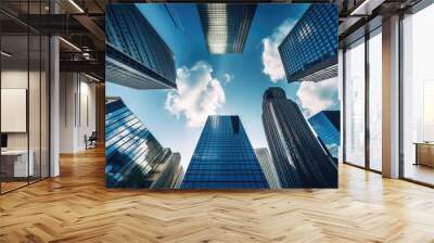 a wallpaper dekstop background photo of a modern office buildings skyscrapers taken from below with  Wall mural