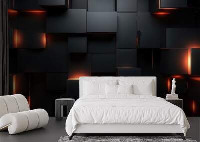 Abstract dark geometric black anthracite 3d texture wall with squares and rectangles background banner illustration with glowing lights Wall mural