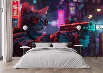 Chubby cute cat cyberpunk shooter soldier holding gun prepare to shoot enemies in cyberpunk city Wall mural