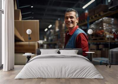 Confident friendly man working in a warehouse in a building materials hypermarket Wall mural