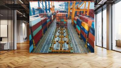 Container loading in a Cargo freight ship with industrial crane Container ship in import and export business logistic company Industry and Transportation concept Wall mural