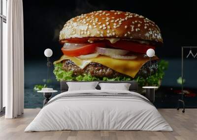 Delicious cheeseburger with lettuce, tomato, and onion on a sesame seed bun, freshly prepared in a cozy kitchen setting Wall mural