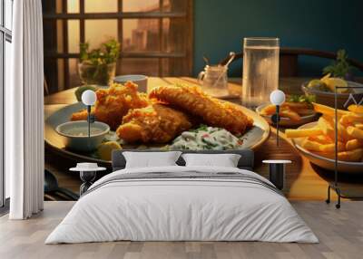 Fish and chips meal on table with tartar sauce Wall mural