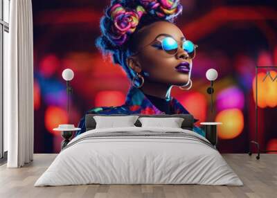 high fashion portrait of young african american woman, bright neon colors Wall mural