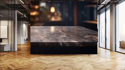 Modern empty dark marble table top or kitchen island on blurry bokeh kitchen Wall mural