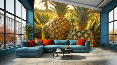 Two ripe pineapples in a sunny pineapple field Wall mural