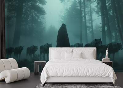 Young witch and pack of wolves in foggy forest Wall mural