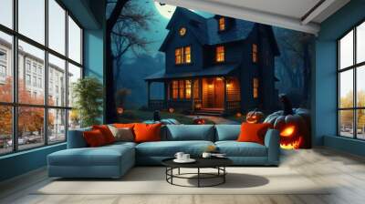 halloween house with pumpkin Wall mural