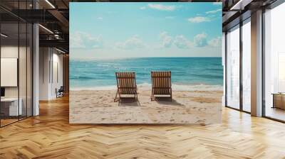 Two inviting wooden chairs beckon relaxation on a pristine sand beach Wall mural