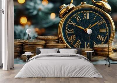 Vintage clock surrounded by stacks of gold coins on a snowy background. Wall mural