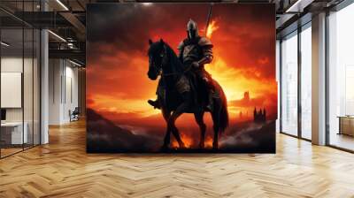 Black Knight in armor on a black horse against a burning sky filled with smoke. The legendary brave warrior. 3D Digital Illustration Wall mural